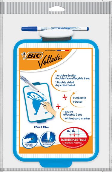 Bic velleda dubbelzijdig droog uitwisbaar bord - met blauwe whiteboard marker en wisser - pack van 1 stuk - 19 x 26 cm
