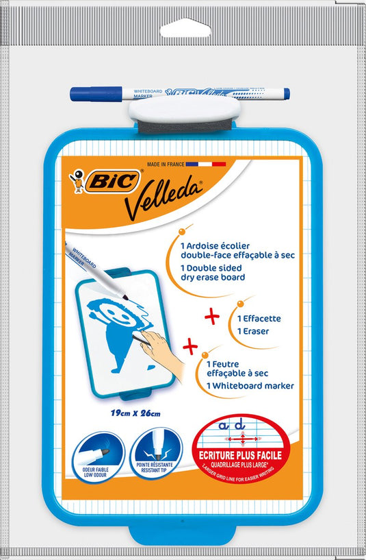 Bic velleda dubbelzijdig droog uitwisbaar bord - met blauwe whiteboard marker en wisser - pack van 1 stuk - 19 x 26 cm