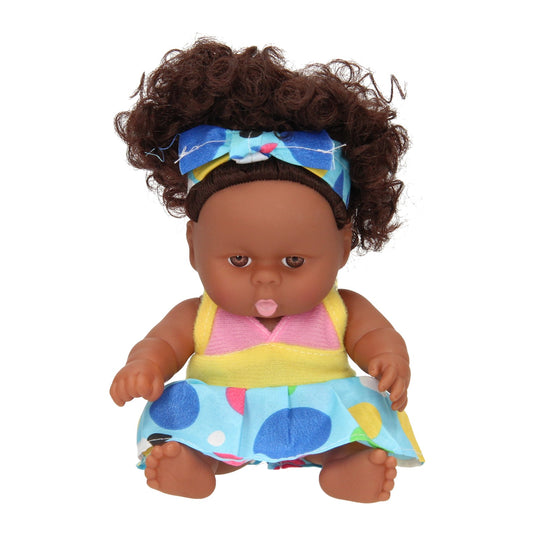 Babypop krullen met jurk, 22cm