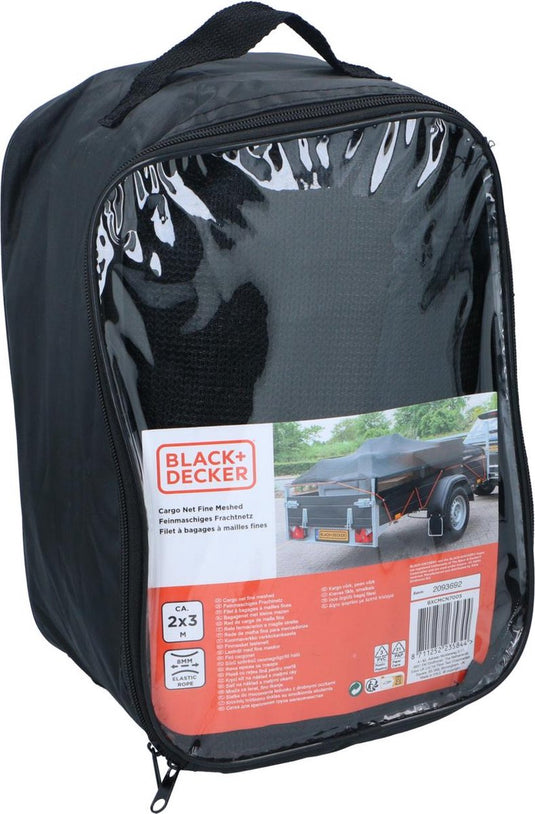Black+decker aanhangwagennet - 2 x 3 m - rekbaar elastiek 8mm - in opbergtas - zwart