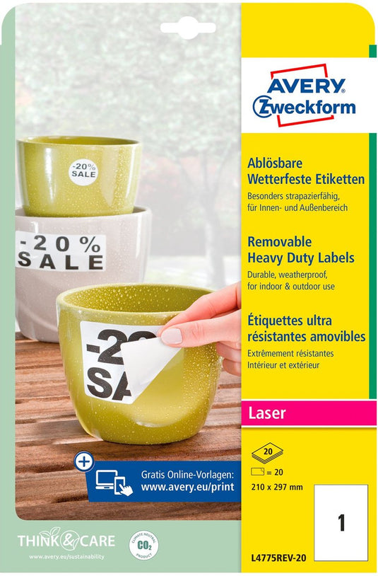 Avery afneembare weerbestendige etiketten formaat 210 x 297 mm (b x h) (b x h) wit doos van 20 etiketten