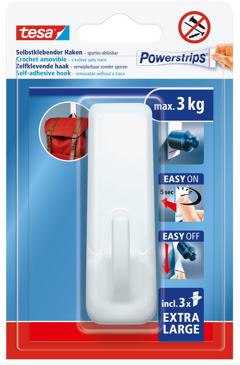 ギャラリービューアに画像をロードする, Tesa powerstrips haak xl ovaal - wit - herbruikbare wandhaak - zonder boren - 1 haak + 3 powerstrips
