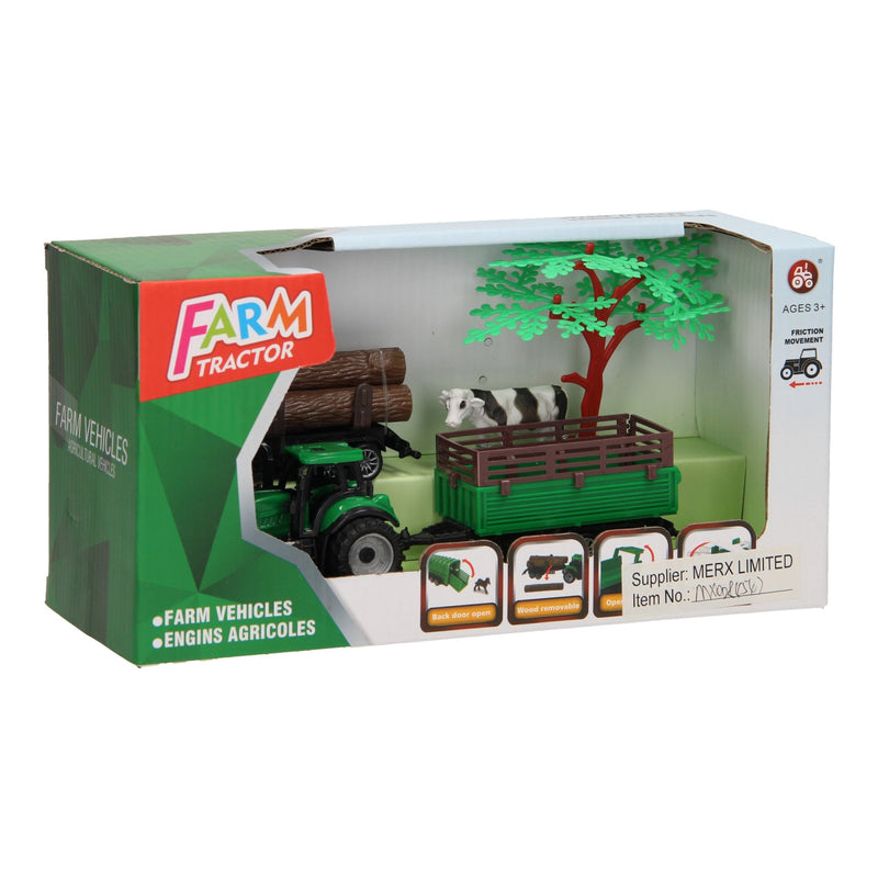 Load image into Gallery viewer, Tractor met aanhangwagen, boomstammen en koe
