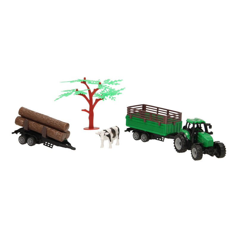 Load image into Gallery viewer, Lobbes tractor met aanhangwagen, boomstammen en koe
