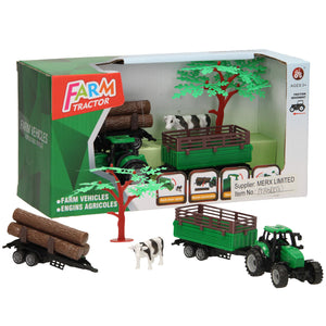 Lobbes tractor met aanhangwagen, boomstammen en koe