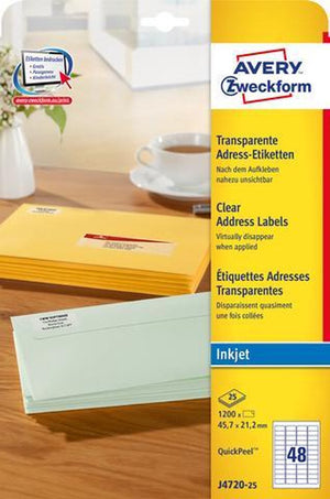 Avery inkjetetiket 45 - 7x21 - 2 - transp. doos 25 vel - 48 et. pe