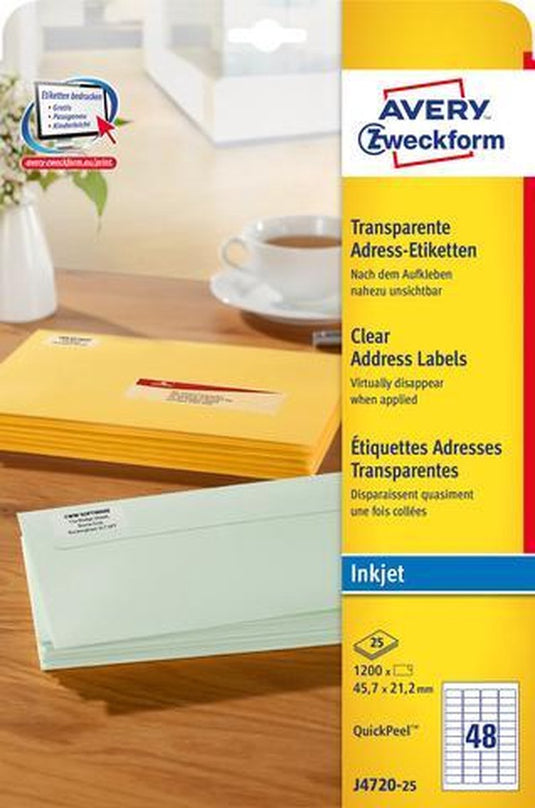 Avery inkjetetiket 45 - 7x21 - 2 - transp. doos 25 vel - 48 et. pe
