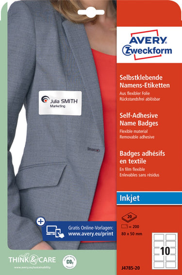 Avery naambadge etiketten – 50 x 80 mm – wit – 20 vellen – 10 per vel – pvc-vrij folie