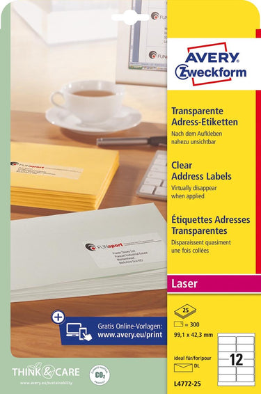 Avery transparante etiketten quickpeel formaat 991 x 423 mm (b x h) 300 stuks 12 per blad