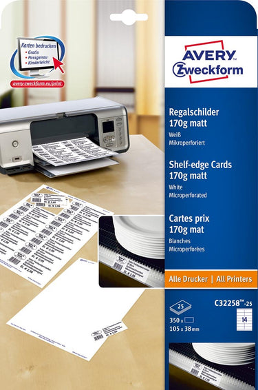 Avery schapkaarten 105x38mm 170gr wit 25 vel 14 kaarten per vel