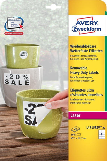 Avery afneembare weerbestendige etiketten formaat 991 x 677 mm (b x h) wit doos van 160 etiketten