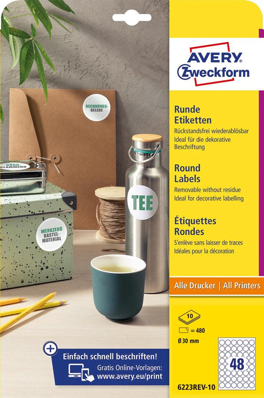 Avery zweckform ronde etiketten | diameter 30 mm | wit | afneembaar | 480 etiketten | 10 vellen