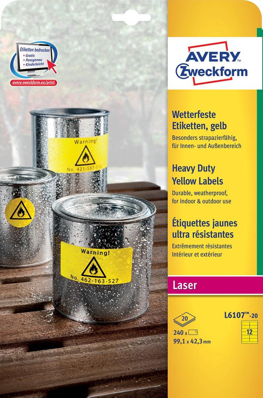 Speciale etiketten avery l6107-20 geel 99.1 x 42.3 mm