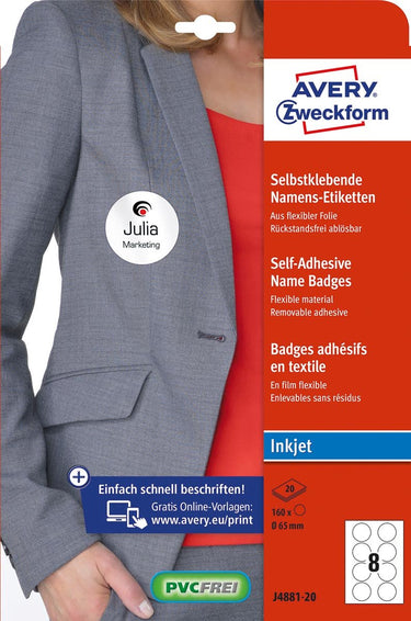 Avery naambadge zelfkl. zweckform rond 65mm wit afneembaar 160 etiketten 20 vel inktjet