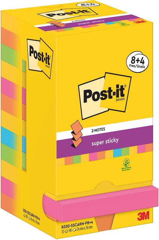 Post-it super sticky z-notes carnival | 90 vel | ft 76 x 76 mm | 8 + 4 gratis