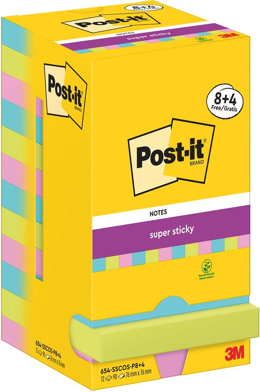 Post-it super sticky notes cosmic | 90 vel | ft 76 x 76 mm | 8 + 4 gratis