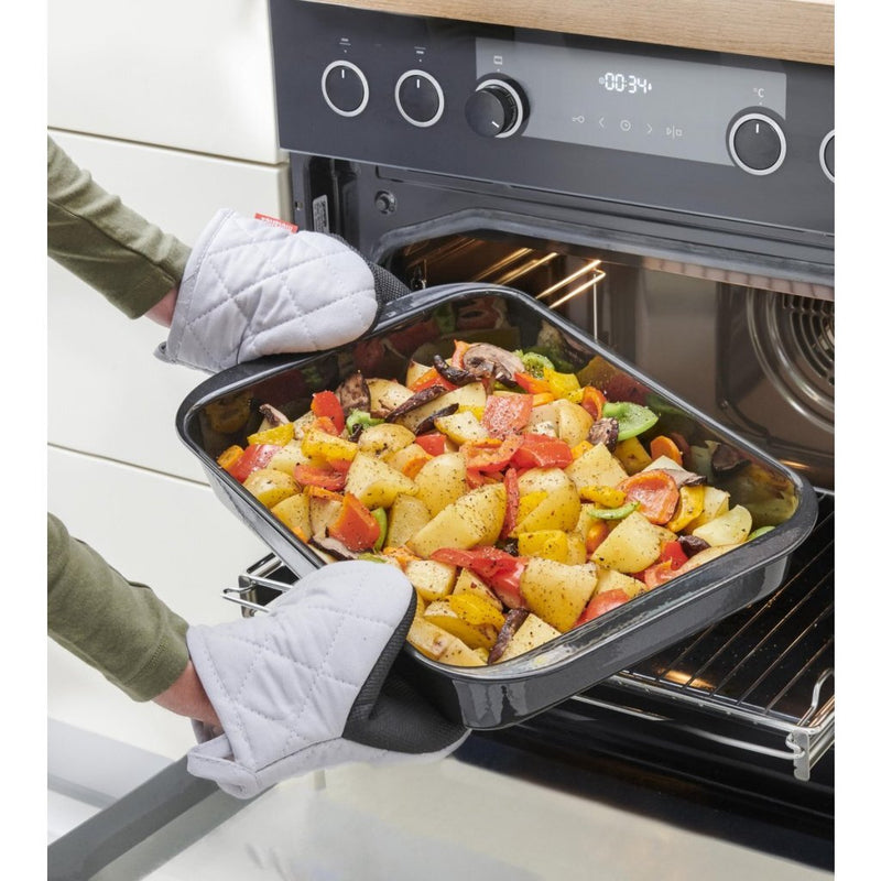 Load image into Gallery viewer, Metaltex katoenen ovenhandschoenen 14x14 cm grijs wit 2 stuks

