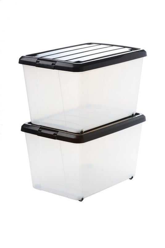 Iris rollerbox opbergbox - 50l - kunststof - transparant zwart - set van 2