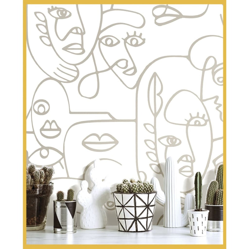 Load image into Gallery viewer, Noordwand Noordwand Behang Friends Coffee Line Art Faces wit en metallic
