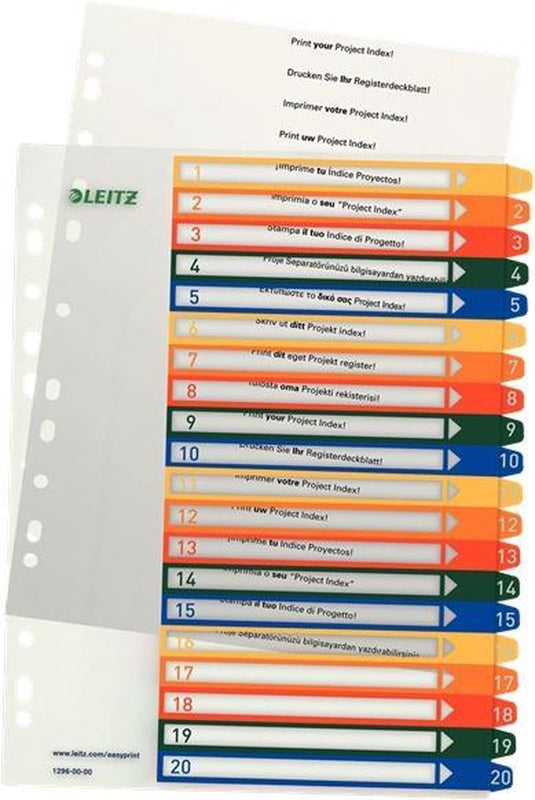 Leitz 1296 register din a4 1-20 polypropyleen meerdere kleuren 20 tabbladen extra breed, pc-beschrijfbaar 12960000