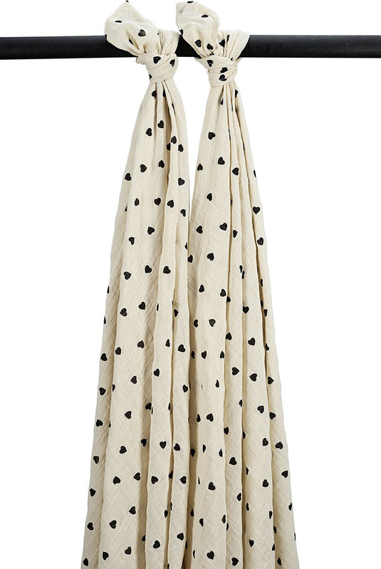 Meyco baby sweet heart swaddle - 2-pack - pre-washed hydrofiel - soft sand black - 120x120cm