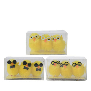 Decoris kuiken chenille met bril 3-delig 3x3x4cm 3 assorti