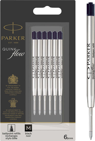 Parker balpenvullingen | medium punt (1,0 mm) | zwarte quinkflow-inkt | 6 stuks