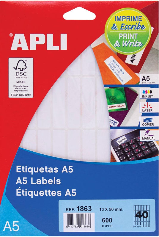 Apli witte etiketten print write ft 13 x 50 mm (b x h), 600 stuks, 40 per blad (1863)