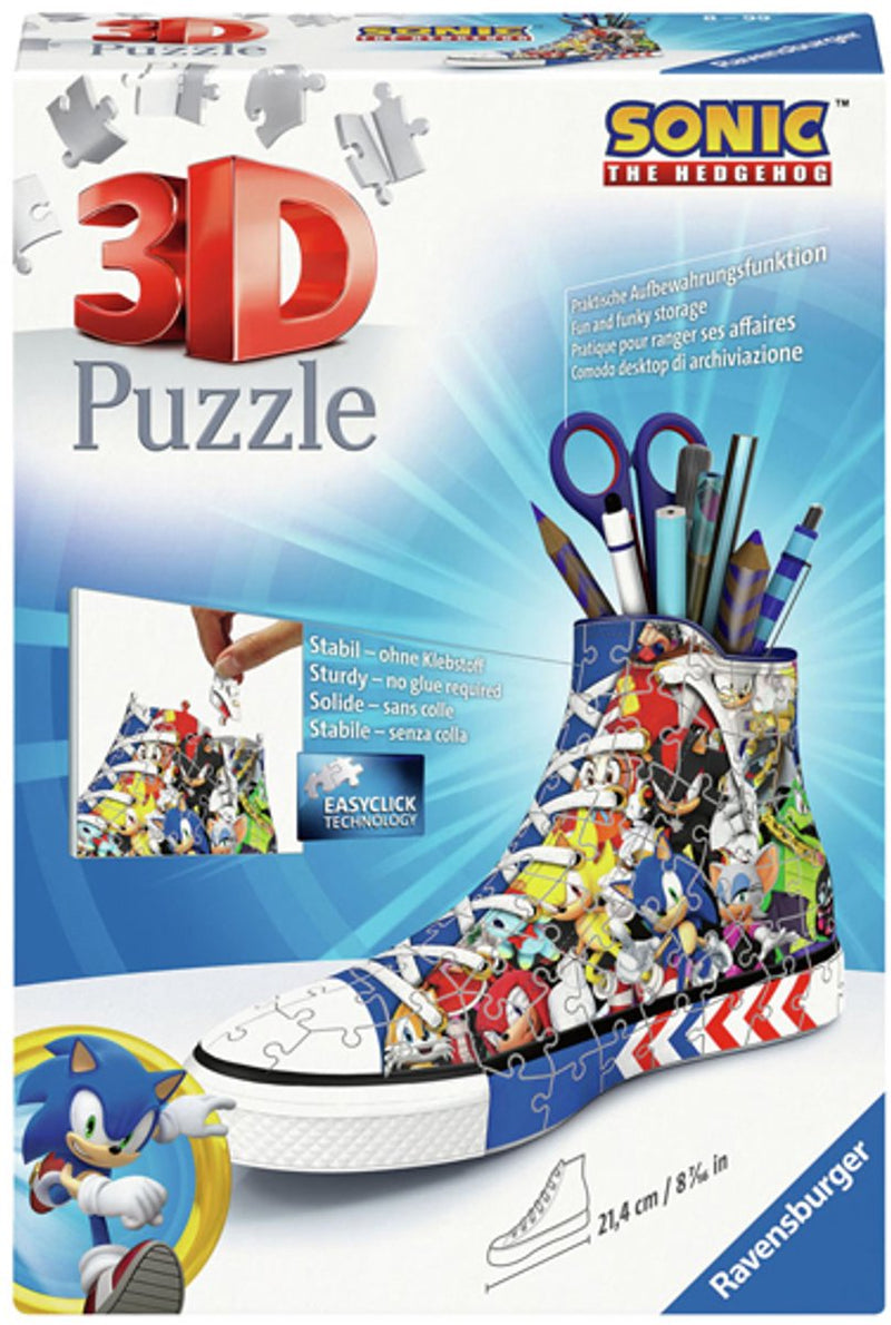 Afbeelding laden in galerijviewer, Ravensburger 3d puzzel pennenbak sonic the hedgehog sneaker 108 stukjes.
