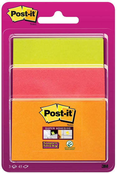 Post-it® super sticky notes, gekleurd, diverse afmetingen 1 blok: 47,6mm x 76 mm 1 blok: 76mm x 76 mm 1 blok: 76mm x 101 mm, neon oranje, neon roze, neon groen, 3 blokken