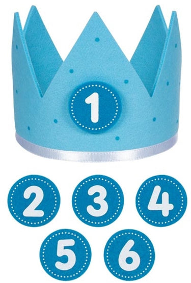 Goki verjaardagskroon blauw l59,5cm, met verwisselbare cijfers 1-6, vilt, 1+