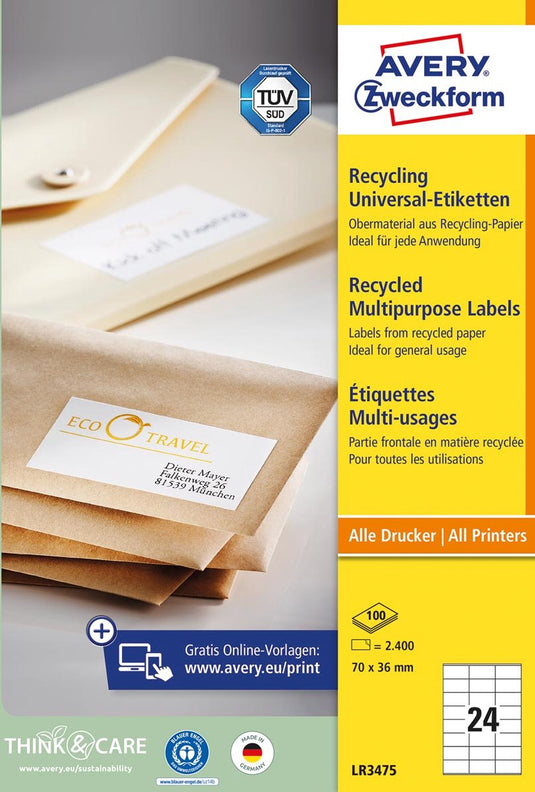 Avery printeretiketten recycled universele etiketten, 70 x 36mm