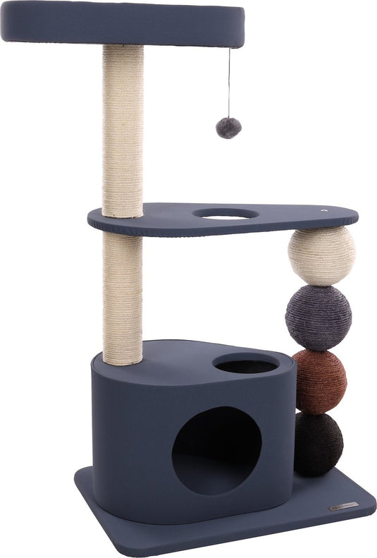 Flamingo krabpaal – horacio blauw – 76x44x107,5 cm – stevige krabpaal met gewatteerde ligplaatsen schuilhuisje – kattenmeubel met sisal krabtouw speeltje – luxe kattenboom voor alle rassen