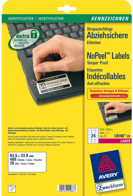 Avery laseretiket 63 - 5x33 - 9mm wit 20 vel 24 etiketten per vel