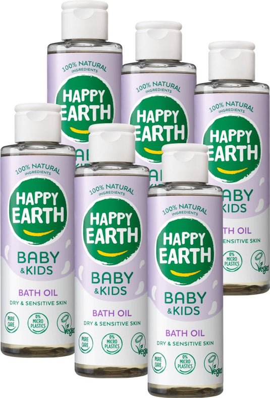 Happy earth bundel badolie baby kids - 100% natuurlijk - microplasticvrij - babyverzorging – met plantaardige huidverzachter – geschikt voor pasgeborenen - 6x150ml - voordeelverpakking