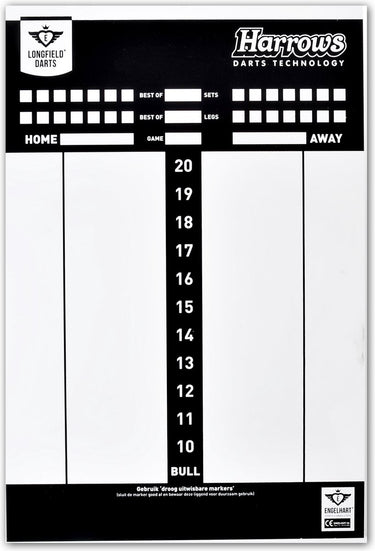 Engelhart dart scorebord pvc 45 x 30 cm – herbruikbaar whiteboard – speltypes scoreverloop – dart accessoire – longfield