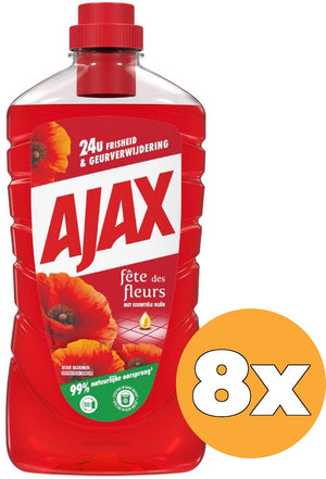 Ajax allesreiniger fête des fleur rode bloem - 8 x 1l - multi-oppervlakken allesreiniger - voordeelverpakking