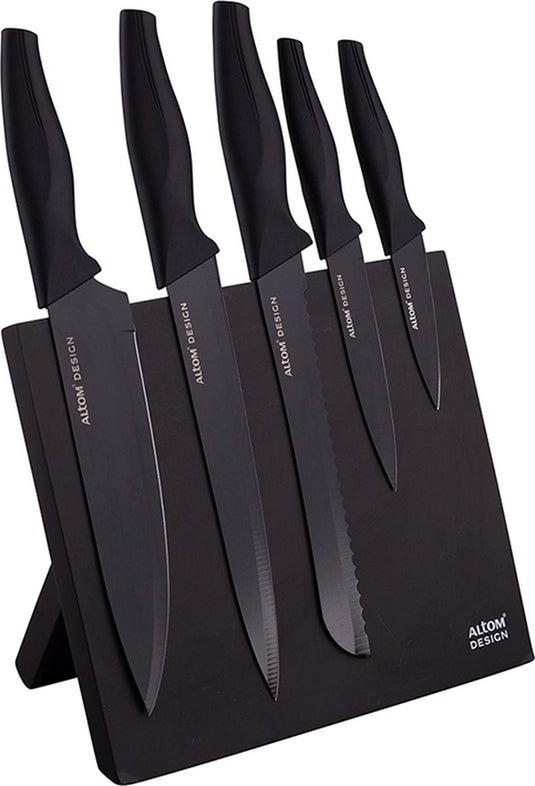 Altom design zwart magnetisch messenblok met 5 zwarte messen - ergonomische handgrepen - prachtig design - modern en elegant - met 5 zwarte messen