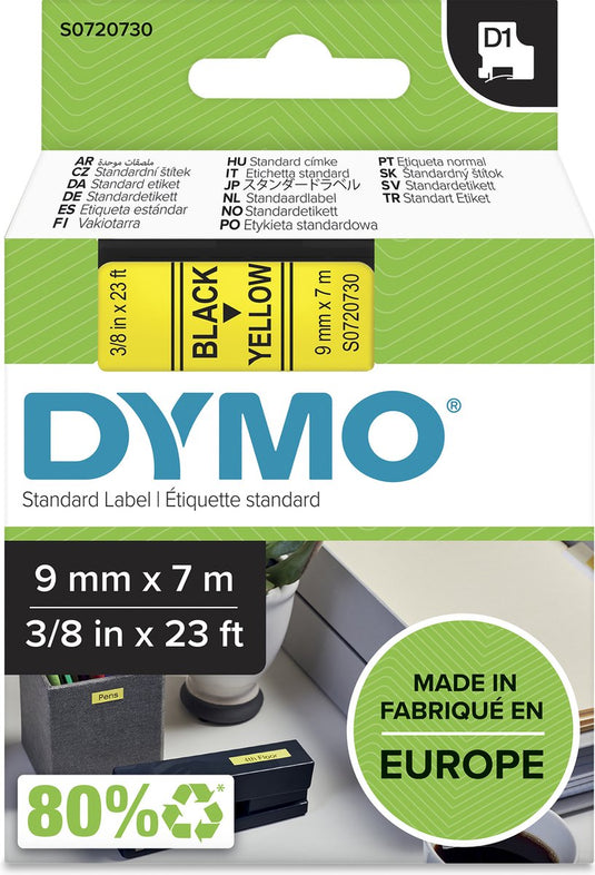Dymo originele d1 labels | zwarte tekst op geel label | 9 mm x 7 m | zelfklevende etiketten voor de labelmanager labelprinter | gemaakt in europa