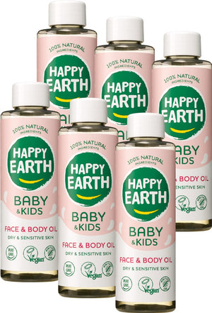 Happy earth bundel gezicht en lichaam olie baby kids - 100% natuurlijke ingrediënten - microplasticvrij - babyverzorging – met plantaardige huidverzachter – geschikt voor pasgeborenen – 6 x 150ml - voordeelverpakking