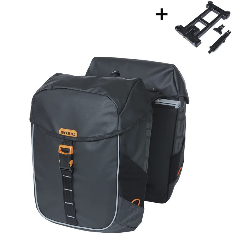 Load image into Gallery viewer, Basil dubbele fietstas miles tarpaulin mik 34 liter 13 x 25 x 37 cm - zwart oranje
