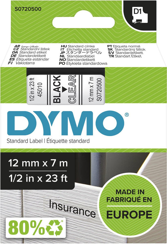 Dymo originele d1 labels | zwarte tekst op doorzichtig label | 12 mm x 7 m | zelfklevende etiketten voor de labelmanager labelprinter | gemaakt in europa