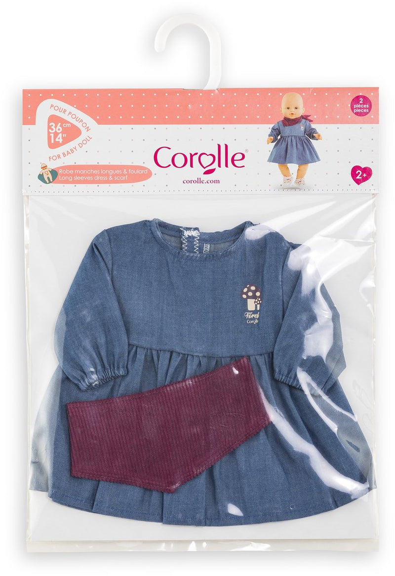 Chargez l'image dans la visionneuse de la galerie, Corolle poppen jeansjurk met sjaal - babypop kleding 36cm denim.
