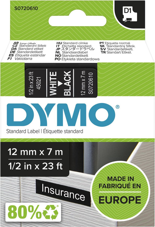 Merkloos sans marque dymo 45021 labeltape tapekleur: zwart tekstkleur: wit 12 mm 7 m - doos 5 stuks