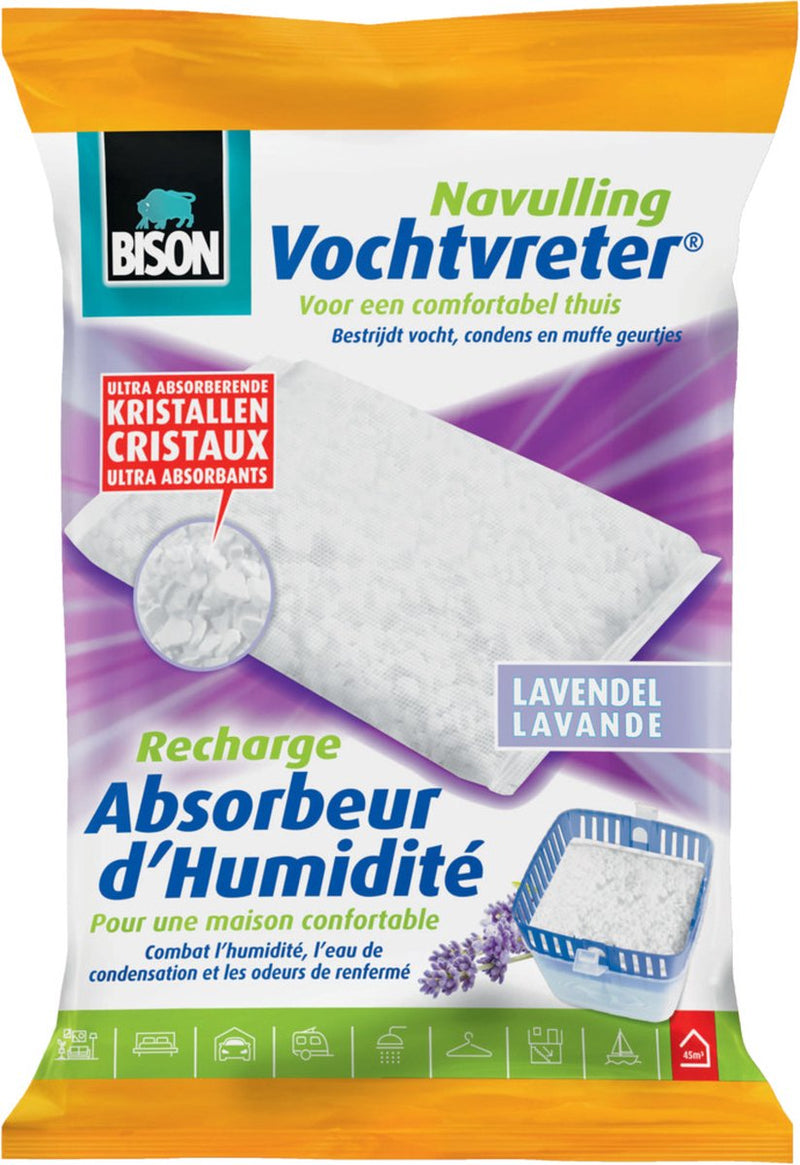 Afbeelding laden in galerijviewer, Bison vochtvreter® navulzak lavendel 450 g, lavendelgeur, geschikt voor vochtvreter®, bestrijd hoge luchtvochtigheid, geen batterij nodig, ook geschikt voor caravans en campers
