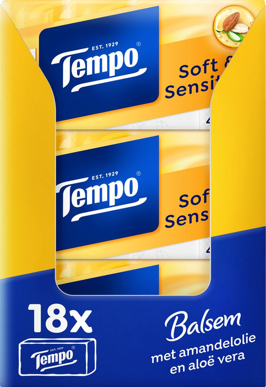 Tempo soft sensitive - 4-laags zakdoekjes - 18 x 8 pakjes = 144 pakjes