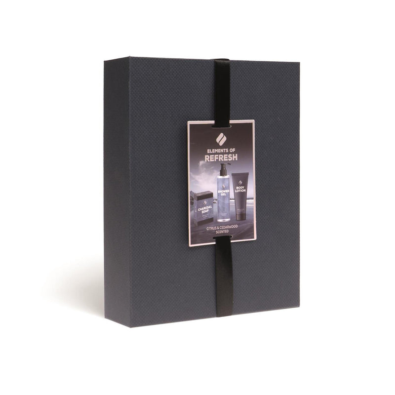 Afbeelding laden in galerijviewer, Source balance bad giftset elements of refresh luxe doos bad douche 180ml, bodylotion 100ml en charcoal zeep 100g
