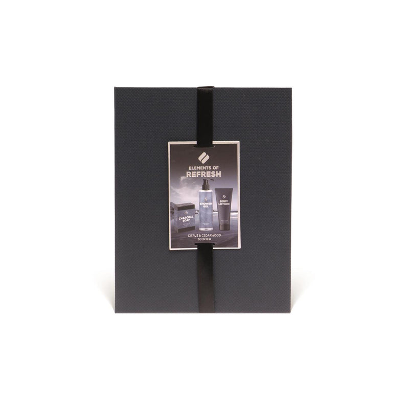 Afbeelding laden in galerijviewer, Source balance bad giftset elements of refresh luxe doos bad douche 180ml, bodylotion 100ml en charcoal zeep 100g

