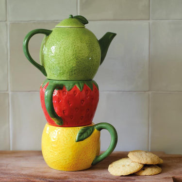 Decoris theeset fruit dolomiet 16.7x10.2x24cm theepot met 2 bekers sinaassappel limoen aardbei