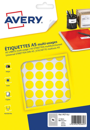 Avery etiket a5 15mm rond blister 168st geel